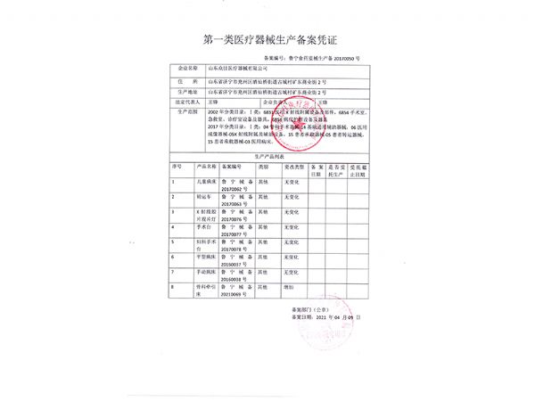 一類醫(yī)療器械生產(chǎn)備案憑證